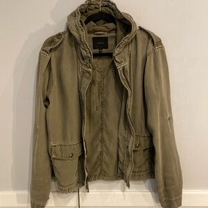 Talula jacket size medium color green, zip up hoodie draw strings snap pockets